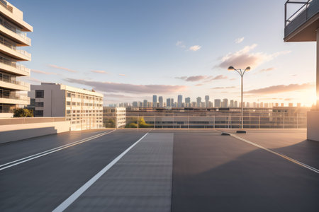 Empty roof made from Brick rooftop view on city in backgroundの素材