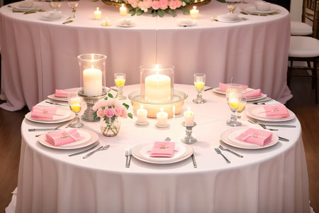 Table with pink flowers candles and silverの素材