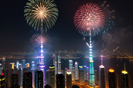 fireworks over the cityの素材