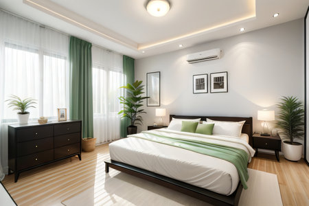 Tbedroom interior has a modern featuring a stylish greenの素材