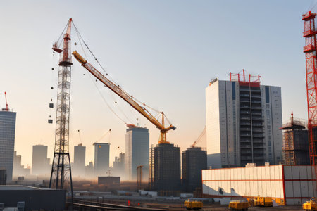 Construction crane at the construction site of a Tower crane and building underの素材