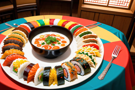 An feast from a unifying spread of and tacos on a vibrant tableclothの素材