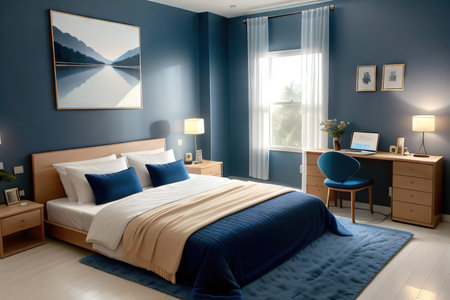 ed bedroom at night with blue walls and cozy evening lightingの素材