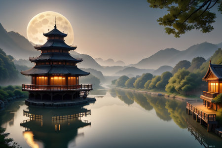The qinhuai river in jiangsu of a full moon in theの素材