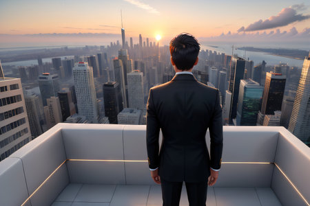 Rear view of a successful standing on the roof of a skyscraper and looking at the cityの素材