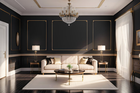 The interior of the vacant room has a black classic wall panel to serve as a backdrop or as an interior design and decorationの素材