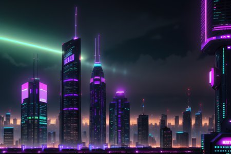 Cyberpunk Metropolis with Purple and Cyan Neon Night scene with Futuristicの素材