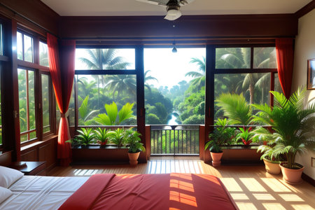 Very bright view of a jungle in the bedroom designの素材