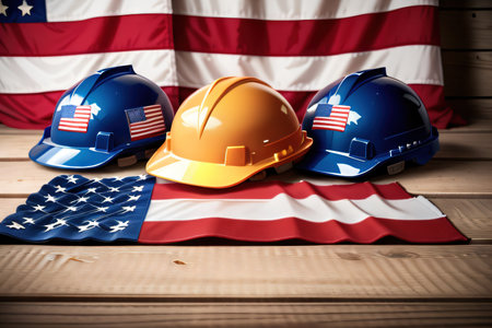 american labor day background with a US flag and a construction workers helmet created using toolsの素材