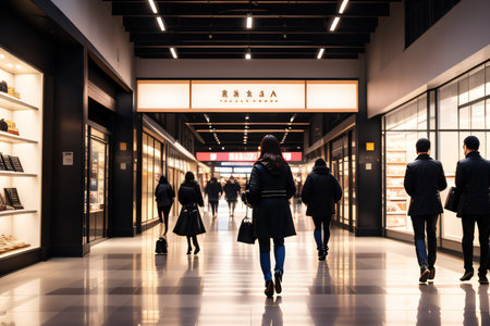 Shoppers walking at night in a shopping centreの素材