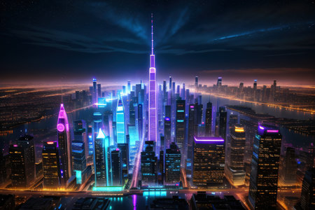 Skyline with neon colored city at Cityscape with reflection in Futuristic cyberpank banner with colorful Created withの素材