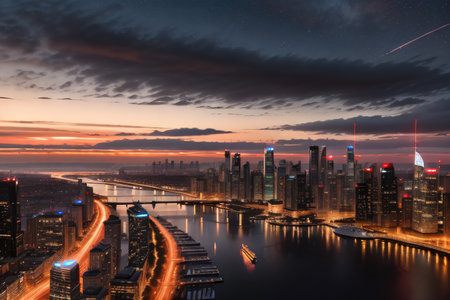 a city skyline is shown at night with a redの素材