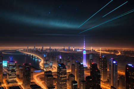 urban cityscape with space and neon light Modern futuristic technologyの素材