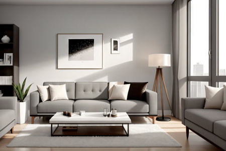 Modern living room with gray coffee and minimalist wallの素材