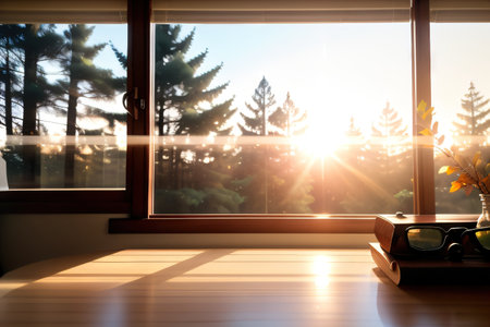 Empty wood table top on blur window with sunlight of autumn forest product display High quality photoの素材
