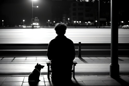 a lonely looking depressed and sits with dog in the park at nightの素材