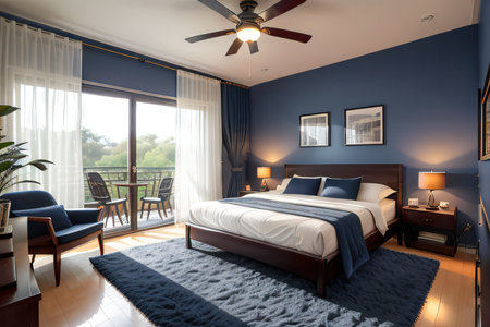Home cozy dark blue bedroom interior AIの素材