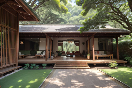 building surrounded by lush green treesの素材
