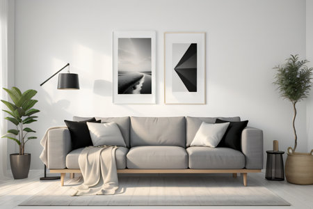 of wall decor frame is hanging in cozy minimalism living room with comfort white and soft tone colorの素材