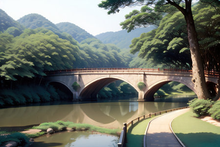 of a crossing a picturesque bridge over a serene riverの素材