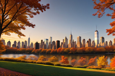 central park in autumn season with beautiful fall Drawing Autumn in New York New york skyscrapers view from centralの素材