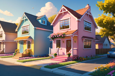 Set of cute bright houses with flowers in front created with technologyの素材