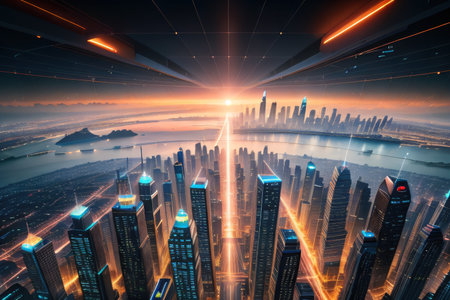 Smart city and abstract line and dot connect with gradient line designの素材