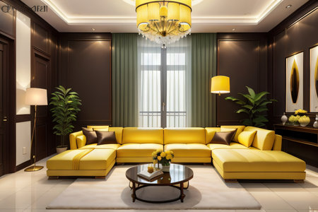 Living room with yellow couch and potted plant in theの素材