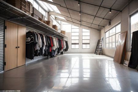 the inside of a converted into a creative art walls and floor made of concrete and clothing hung up on clothing racks against theの素材