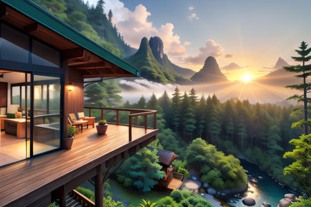 fantasy modern architecture cabin in a paradise landscape environment during sunsetの素材