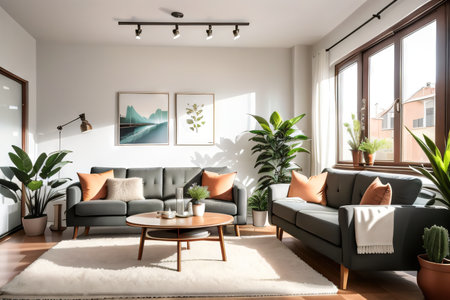Modern spacious lounge in earthy colors with cozy natural elements like a stylish sofa wooden table and plants With copyspace for textの素材