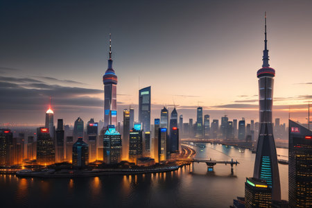The bustling cityscape of with the futuristic skyline of Pudong reflecting in the Huangpuの素材