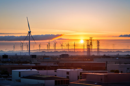 Sunset sky powers modern city with sustainable energy and architectureの素材