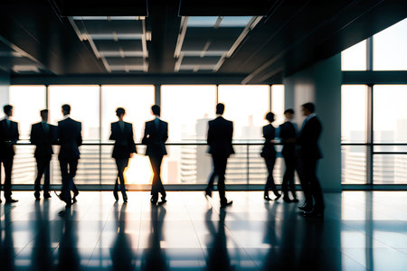 Glass building with motion blurred business on the moveの素材