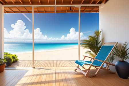 Empthy chair and Beach hat on blue background summer themeの素材