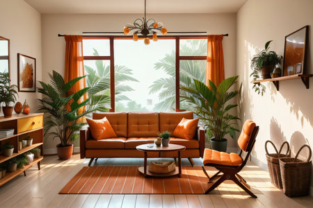 Beautiful Living room with orange sofCreated using toolsの素材