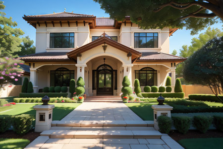 New luxury home with lush walkway to a ornateの素材