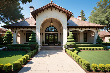 New luxury home with lush walkway to a ornateの素材