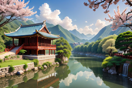 chinese landscape with beautiful river and traditional architectureの素材