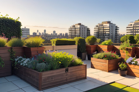 A thriving urban rooftop garden in the heart of theの素材