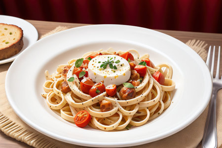 Appetizing spaghetti rolled on fork with typical Italian sauceの素材