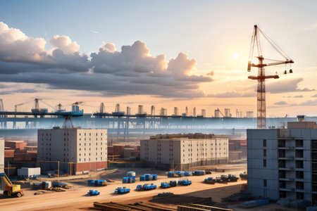 Construction cranes are in use on a construction site against a background of blue T depicts an industrial crane in use during the construction of apartment complexes and theの素材