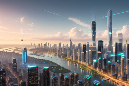 A of the future with technological ry featuring futuristic smart cities and sustainable innovationの素材