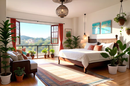 An eclectic Boho home interior showcasing a vibrant bedroom with a mix of and a macramÃ© wall a vintage and a collection of pottedの素材