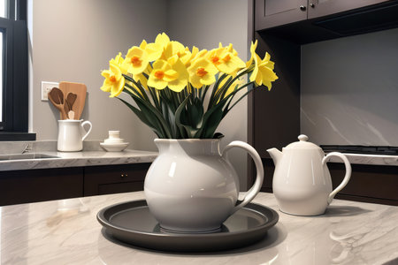 Detail of dark gray kitchen design with spring flowers and a cup of coffee on a countertop in a modernの素材