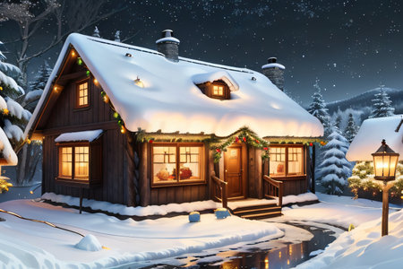 Wintertime cozy thatched cottage near to Decorated withの素材