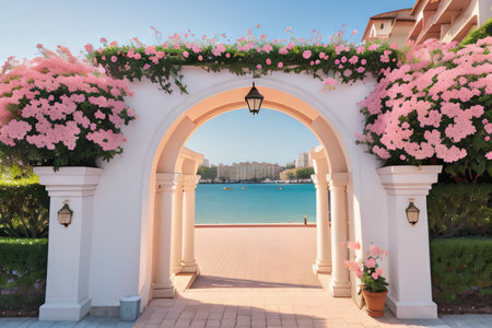 Rose blooms arch on blue sea wedding set upの素材