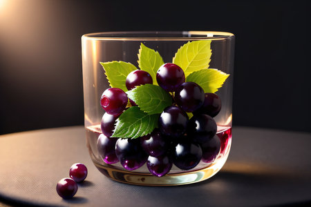 Black grapes with leaves isolated on backgroundの素材