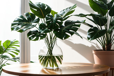 Tropical house monstera plant in modern pot or vase isolated on backgroundの素材