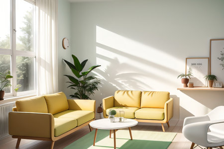 In a light green living a light yellow minimalist design idea style of pastelの素材